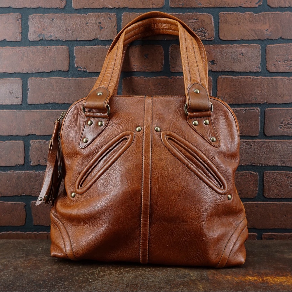 KALE Tate Leather Oversize Tote Cognac Brown